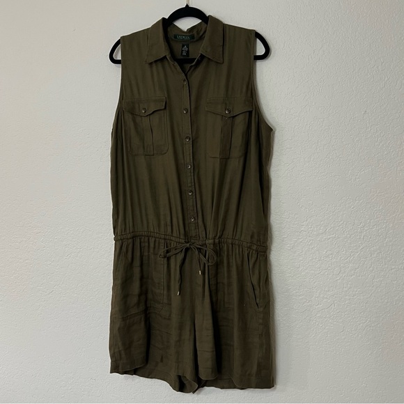 Ralph Lauren Shorts Romper Jumper Linen Blend Olive Army Green Women’s Size‎ 16 - Picture 3 of 11